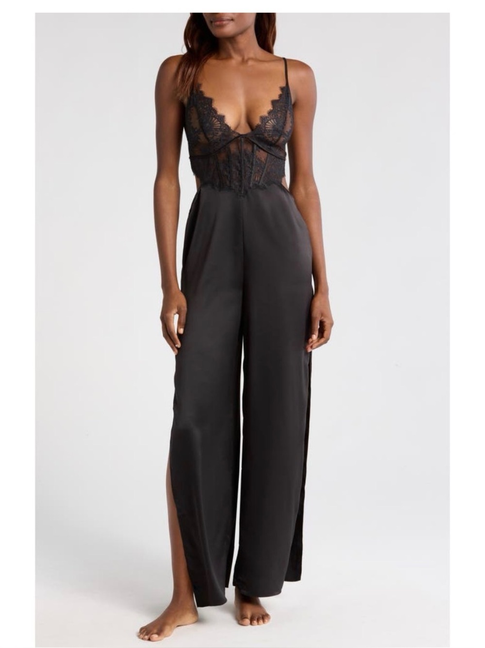 Luxxel Lace Bodice Satin Wide-Leg Jumpsuit in Black